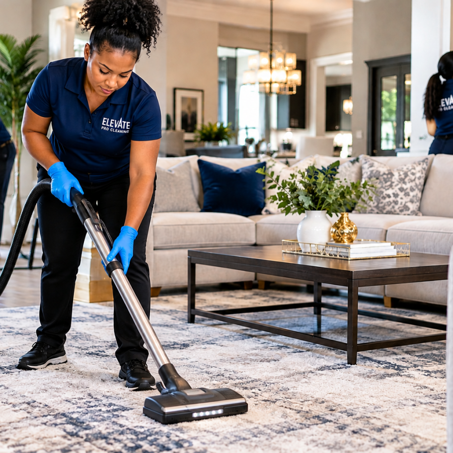 Professional Team Vacuuming Stylish Living Room